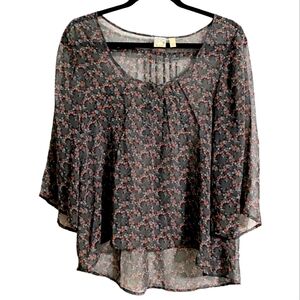 Susina Scoop Neck Sheer Grey Floral Flared Sleeve Blouse Women Size S